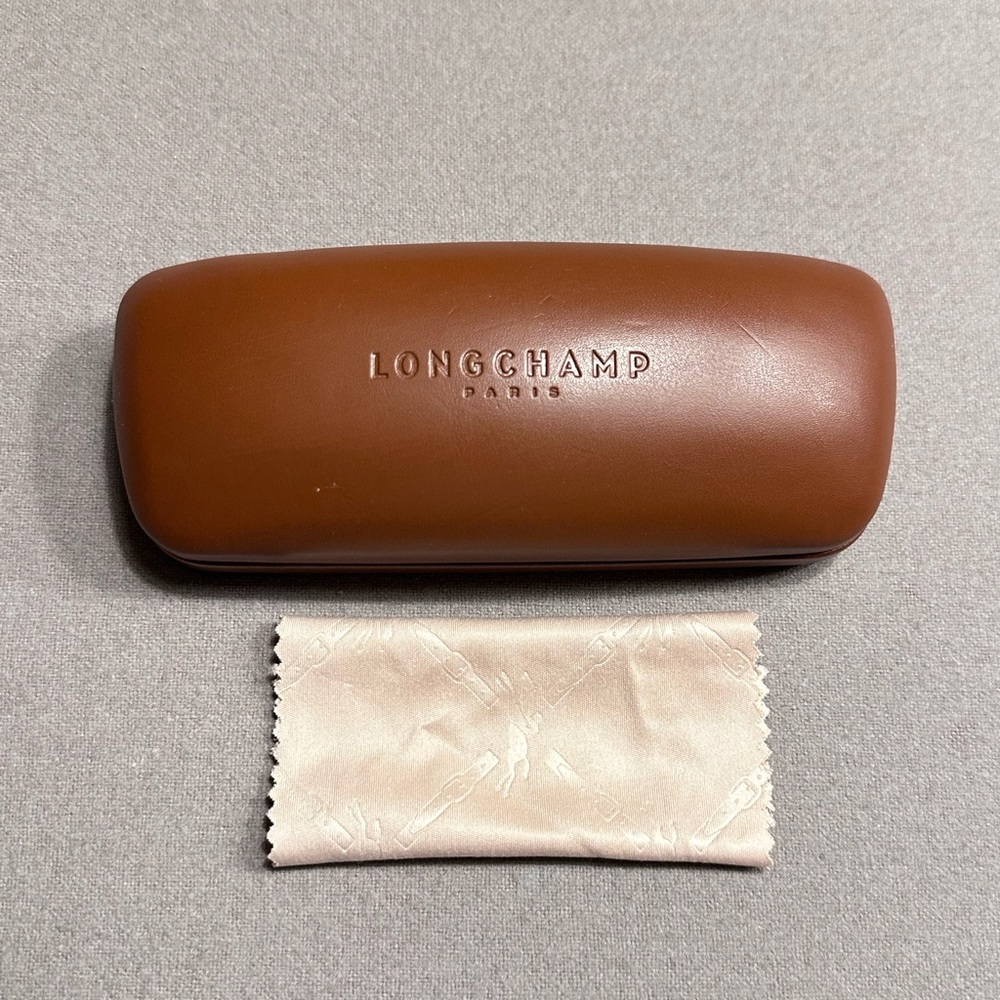 Longchamp Paris Brown Leather Hard Shell Sunglasses Case With Pattern Cloth
